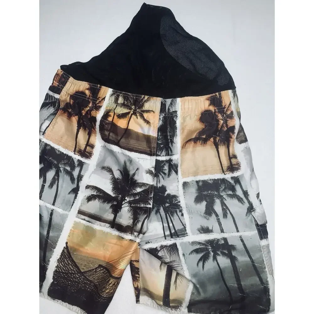 L No Bad Days Cargo Swim Trunks Orange Beige Brown Tropical Print Mens READ